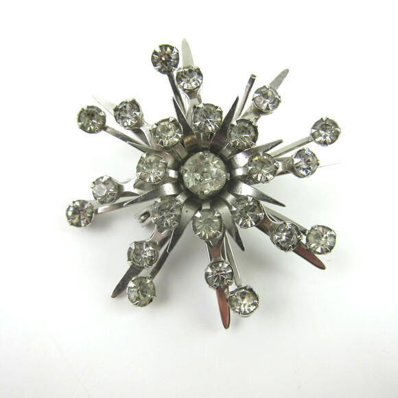Vintage 1950s Atomic Style Pin Brooch Silver Tone & Rhinestones Snowflake Star - Picture 4 of 12